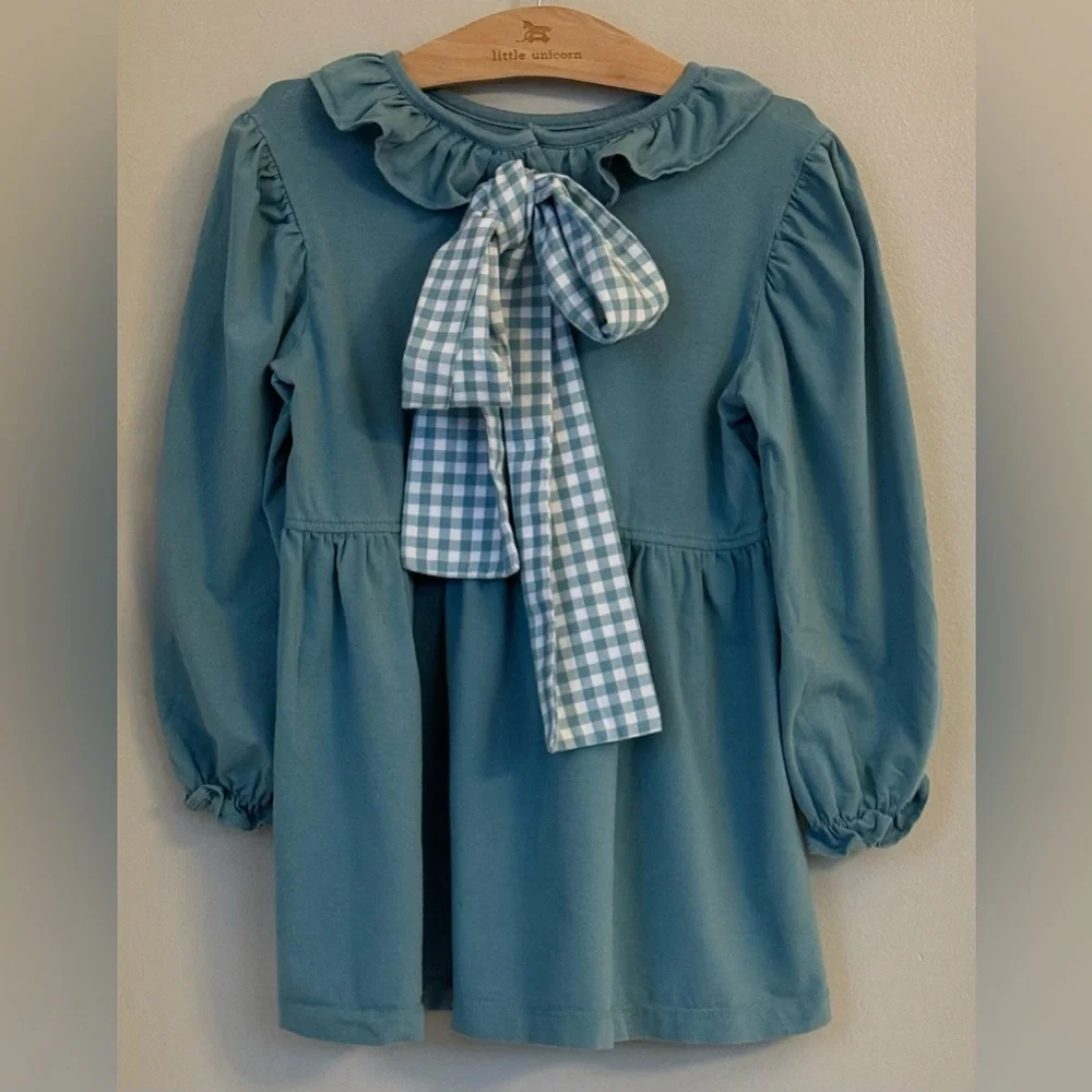 Shrimp & Grits Kids Tunic Top Girl’s 10 M Boutique Green Ruffle Checked Bow Tie - Picture 1 of 5